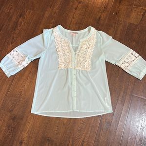 Light Blue Sheer Button Down Blouse with White Guipure Lace